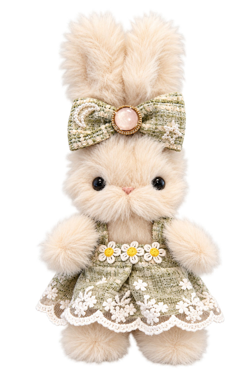 Hazel, a fluffy cream bunny made from chenille stems, wearing a sage dress and bow