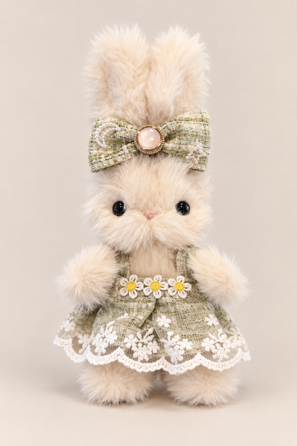 Hazel the bunny standing in her sage bow and dress
