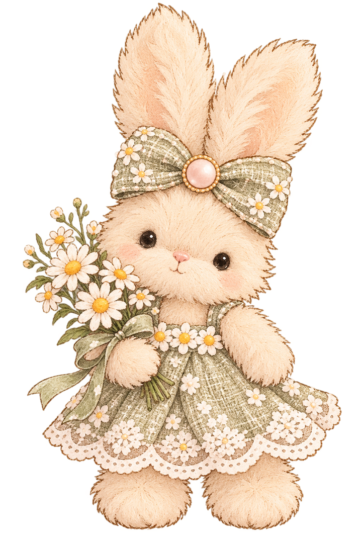 Illustration of Hazel the bunny in her sage bow and dress, holding a bunch of daisies