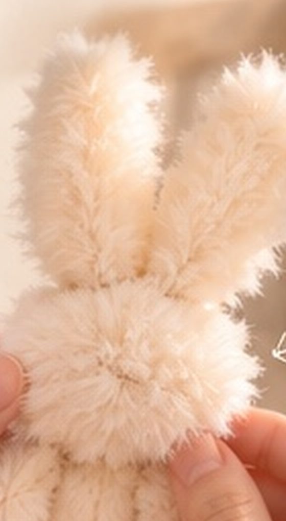 Hands shaping a bunny from fluffy cream chenille stems